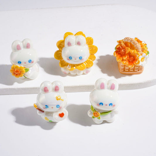 UV Finish Cheerful Bunny Character & Sunflower Acrylic Beads, Random Mix
