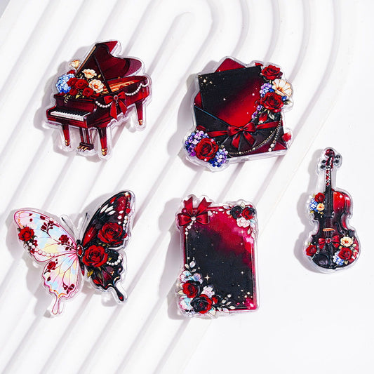 Elegant Music & Romance Butterfly, Piano, Violin, Envelope & Rose Designs Semi-Clear Wine Red Acrylic Beads & Pendants, Random Mix