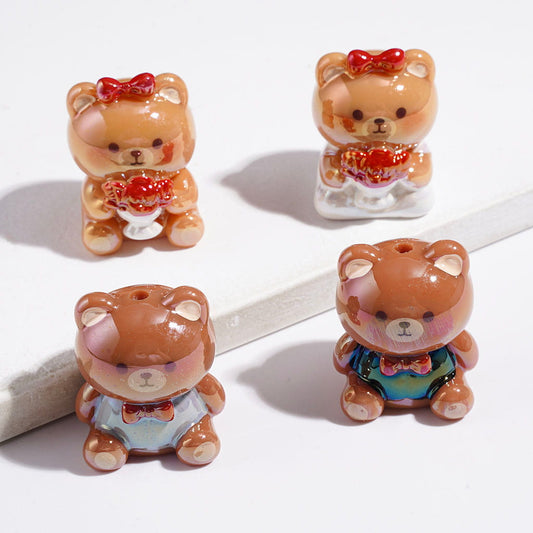 UV-Finished Adorable Bear Character Wearing Wedding Dress & Suit Acrylic Beads, Random Mix