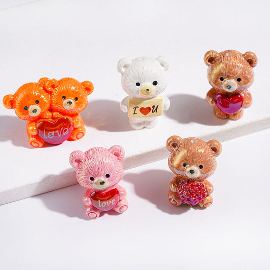 Adorable Teddy Bears Holding Hearts, Love Signs, and Flower Bouquets Valentine’s Day Theme Acrylic Beads, Random Mix