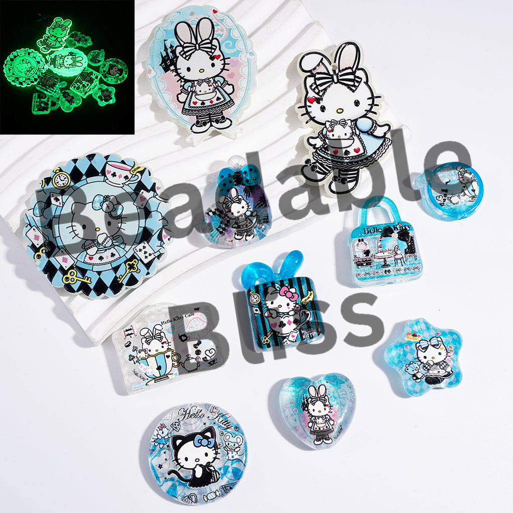 Luminous Cute Cat Characters in Poker Theme Acrylic Beads and Pendants, Blue Series, Random Mix
