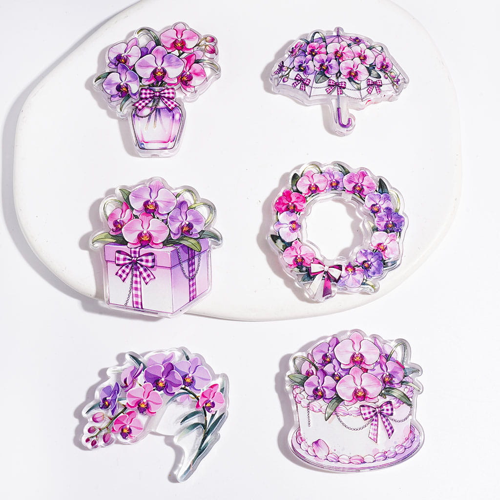 Cake & Umbrella & Vase & Gift Box & Flower Acrylic Beads, Purple Phalaenopsis Orchid Plant Theme, Random Mix