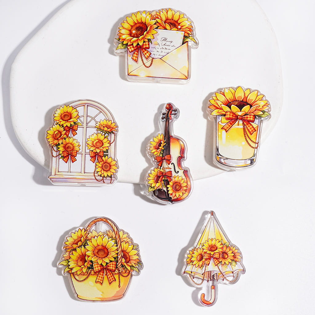 Yellow Sunflower Style with Envelope, Violin, Flower Basket, Umbrella, Cup & Window Designs Acrylic Beads, Random Mix