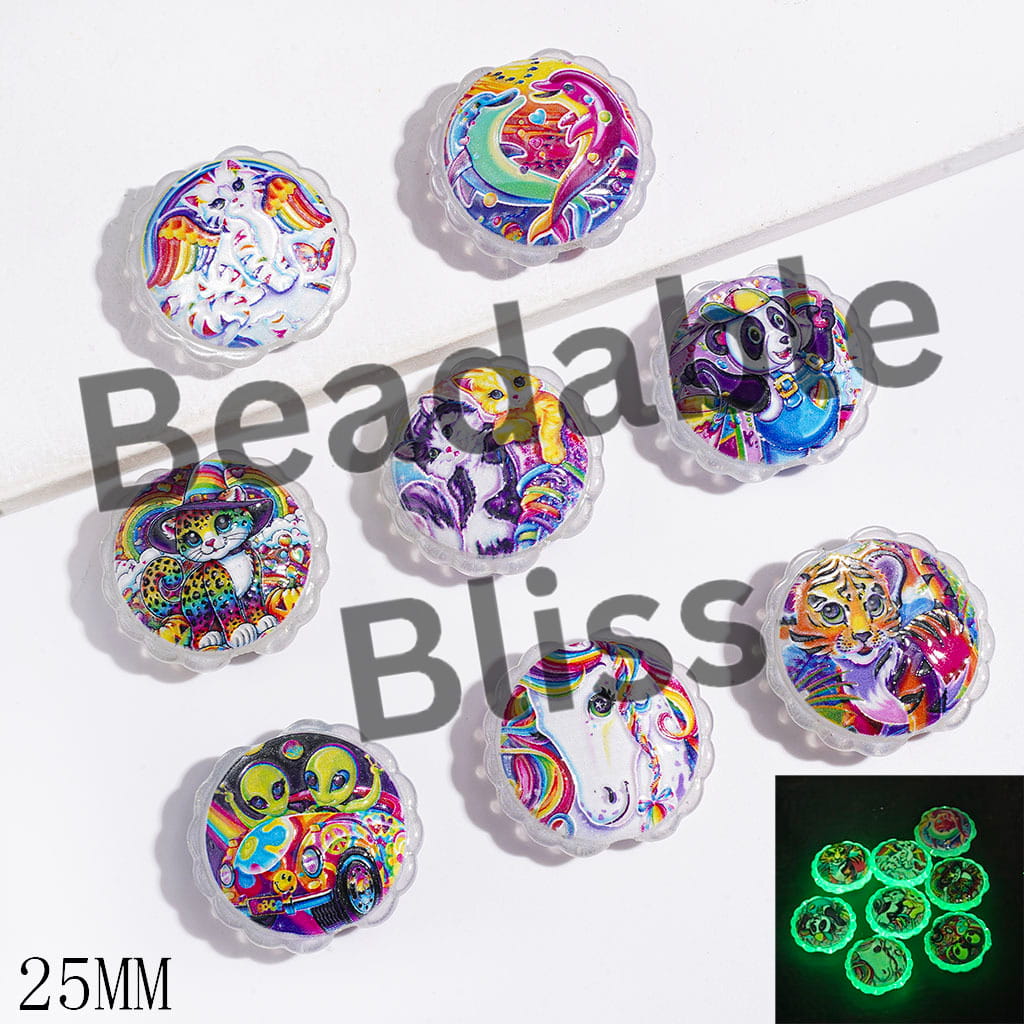 Acrylic Beads Luminous & Cat Eye Style with Brightly Colored Animal Prints, 25MM, Flat Round Shape with Wavy Edge, Random Mix