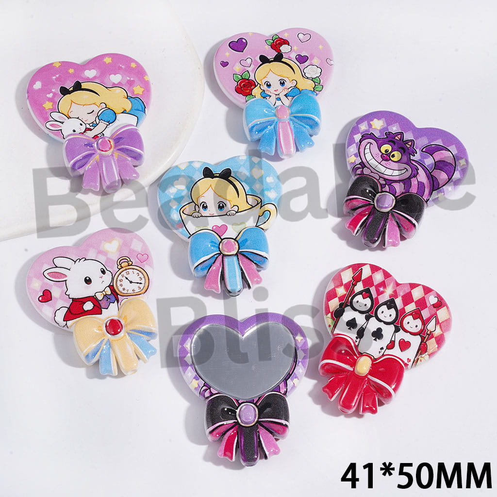 Acrylic Beads Magic Mirror with Heart Mirror and Bowtie, Girl into Rabbit Hole Fantasy World Series, 41*50MM, Random Mix