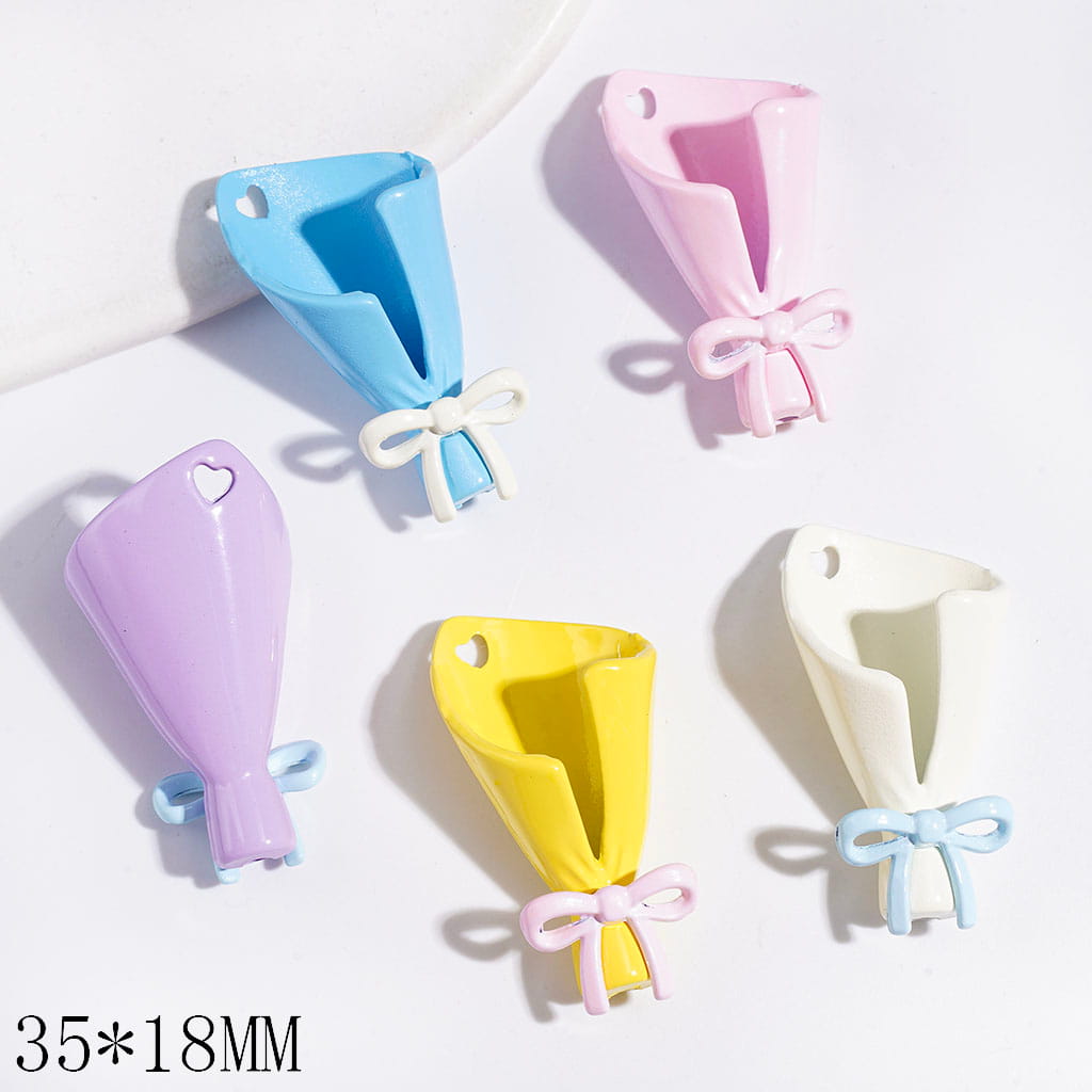 Flower Bouquet with Bowknot Metal Beads for Charms or Pendants, 35*18MM, Multi-Color, Random Mix