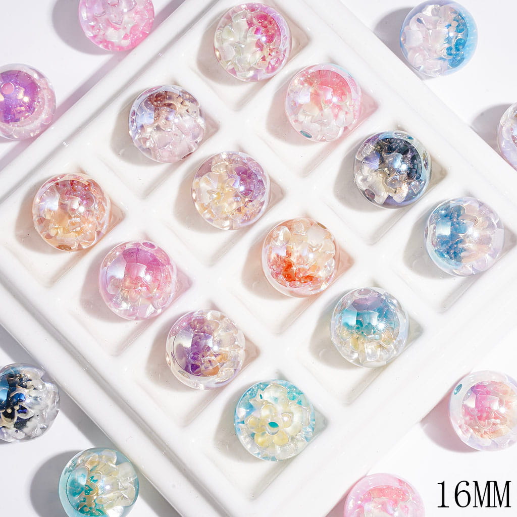 Clear Acrylic Beads for Bracelets UV Finish with Multilayer Flower Embedded inside Beads, 16MM, Multi-Color, Random Mix