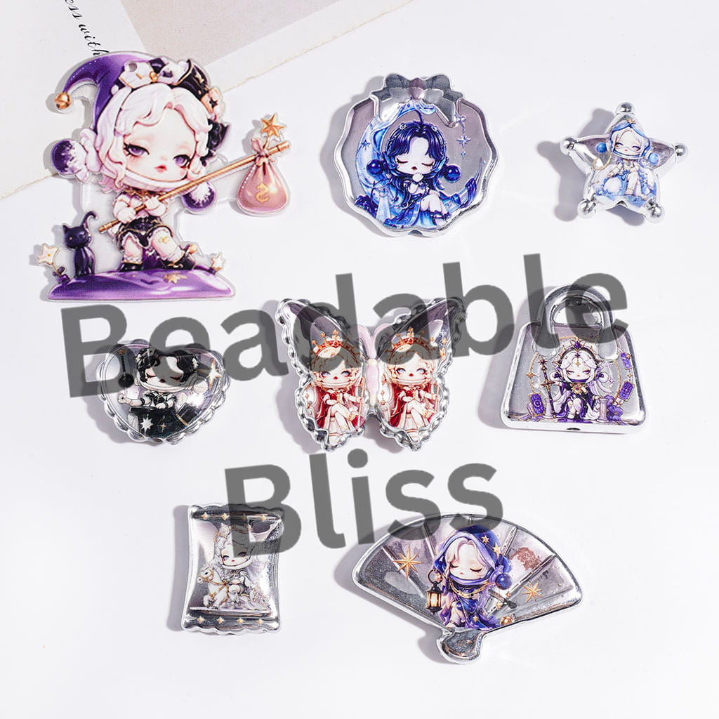 Acrylic Beads and Pendants Girl Character in Magic Queen Theme, Silver Edge Style, Random Mix