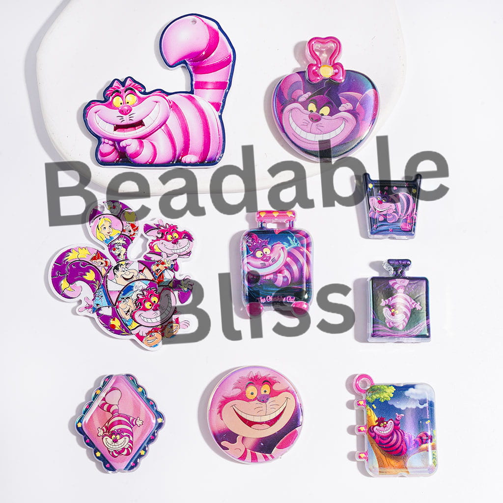 UV-Coated Acrylic Beads and Pendants with Pink and Purple Stripes Laughing Cat Character, Random Mix