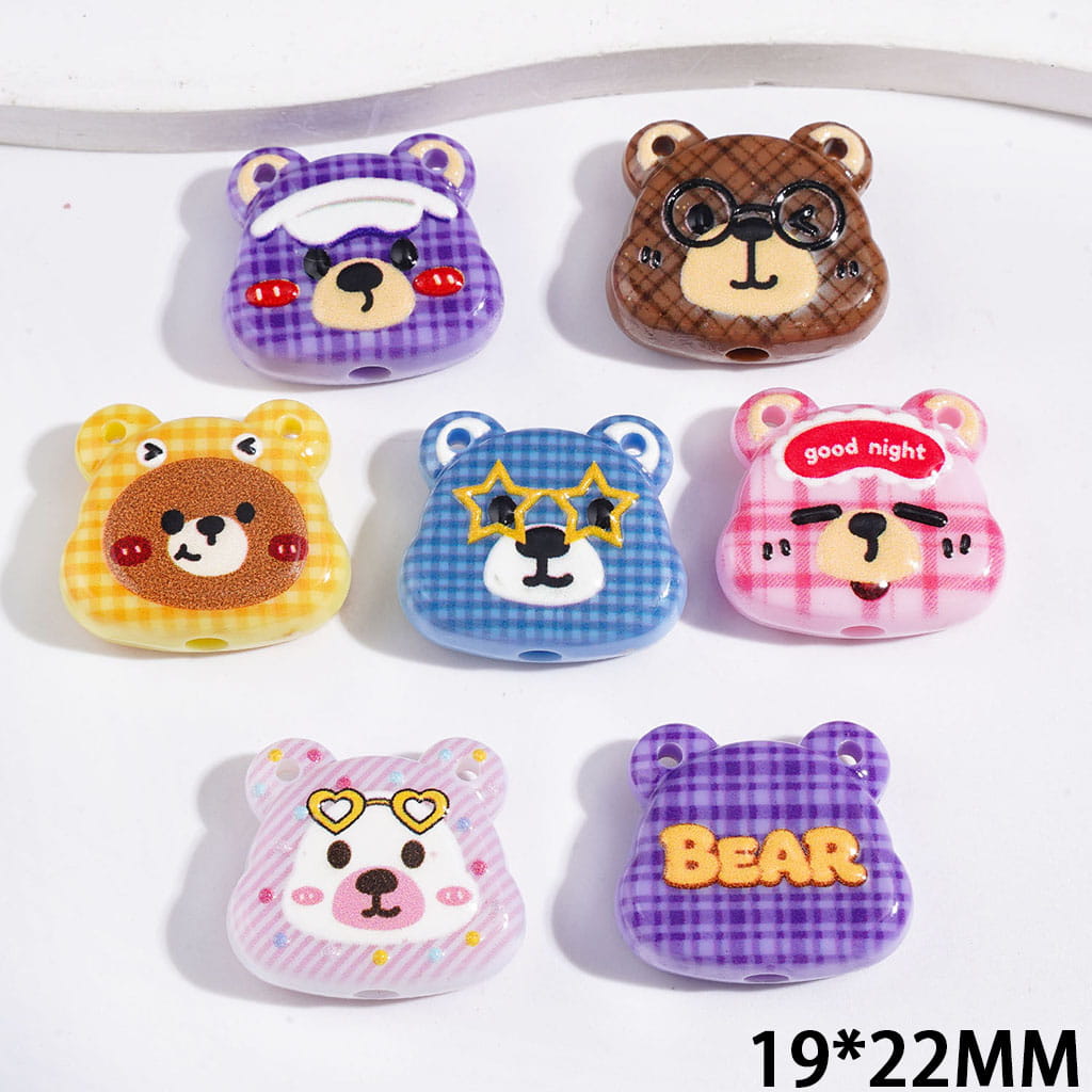 Bear Head with Checkered Pattern Acrylic Beads and Pendants, 19*22MM, Two Hanging Holes, Random Mix