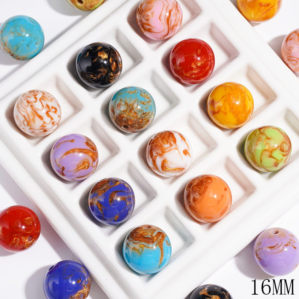Acrylic Beads for Bracelets Cloud Texture Design with Gold Glitter, 16MM Multi-Color Random Mix