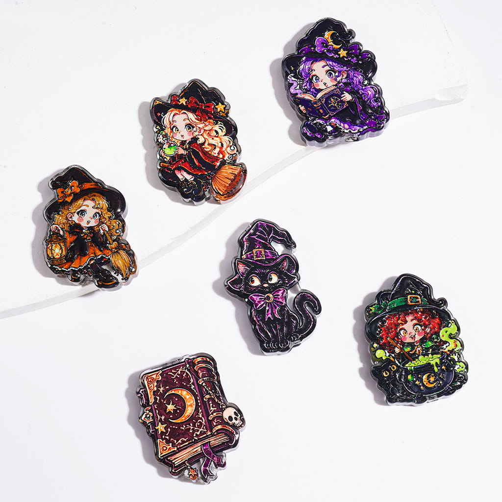 Halloween Beautiful Witch & Black Cat & Magic Potion Book Acrylic Beads, Random Mix