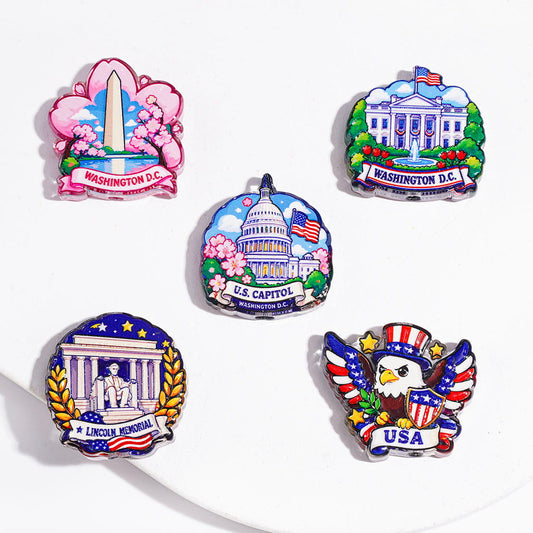 Iconic American Heritage U.S. Capitol, Lincoln Memorial, Bald Eagle, White House & Washington Monument D.C. Landmark Patriotic Theme Acrylic Beads, Random Mix