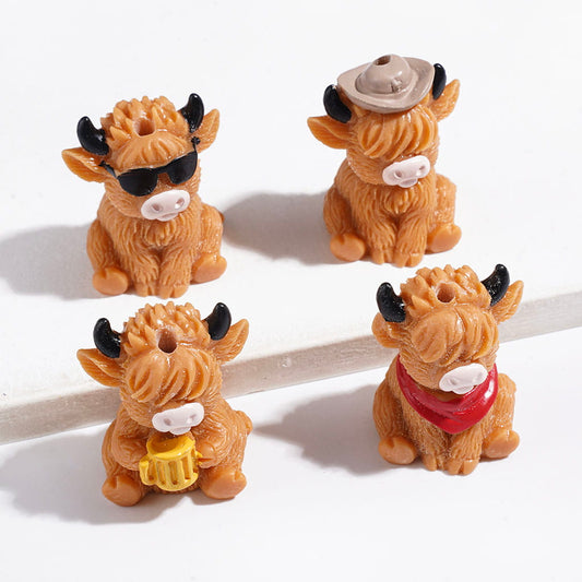 Adorable Brown Highland Cow Character with Multiple Outfit Designs Acrylic Beads, Random Mix