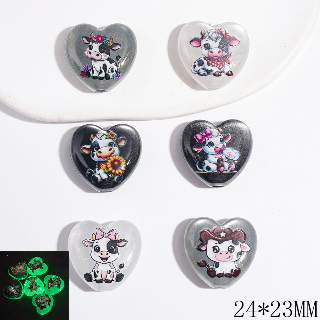 Western Dairy Cattle Acrylic Beads Luminous and Cat Eye Style, with Gold Glitter, 24*23MM, Heart Shape, Random Mix