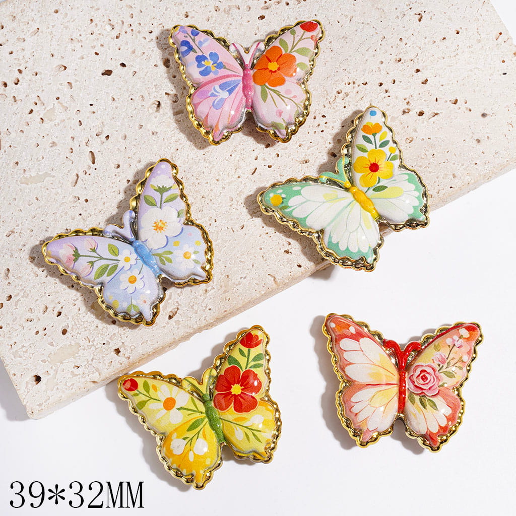 Acrylic Beads Butterfly with Rose Flower, 39*32MM, Gold Border, Random Mix