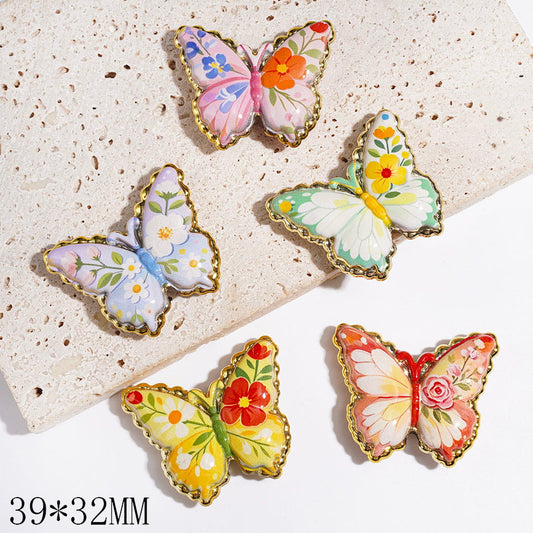 Colorful Butterfly with Delicate Floral Prints and Gold Borders Acrylic Beads, 39*32MM, Random Mix