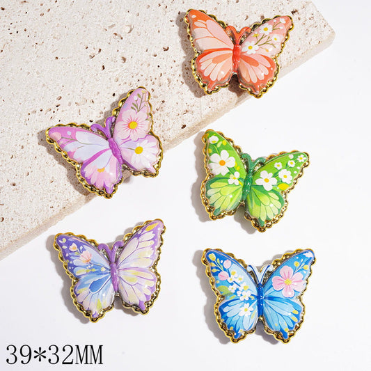 Charming Butterfly with Daisy Flower Design & Gold Border Acrylic Beads, 39*32MM, Random Mix