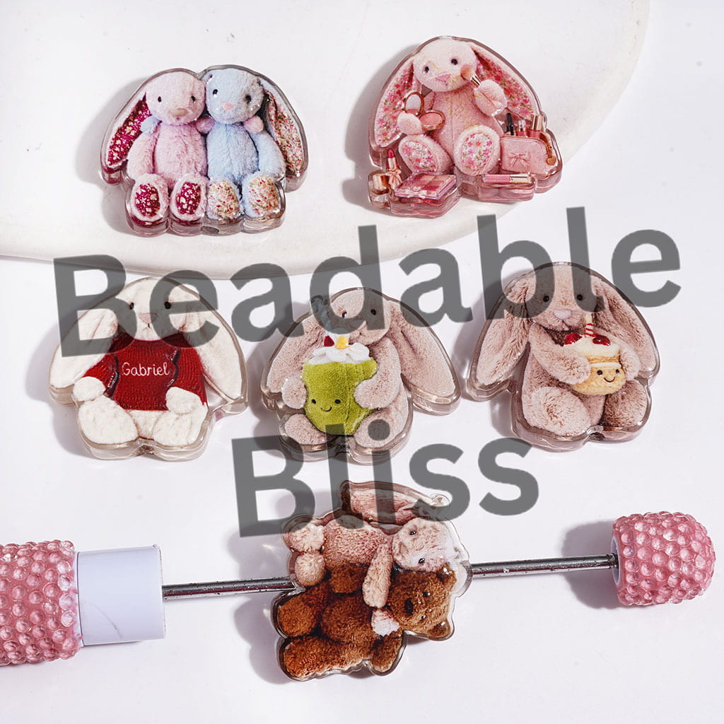 Diverse Style Long Ears Rabbit Characters Acrylic Beads, Semi-Clear, Random Mix