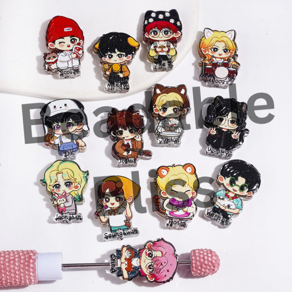 Cartoon Image Style Korea Boy Group with with Member Name Acrylic Beads, Random Mix