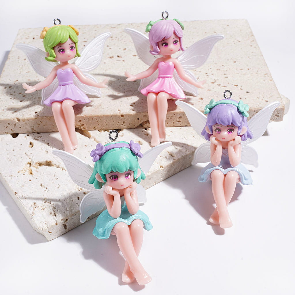 NO HOLE - Fairy Elf with White Wings Soft PVC Rubber Figurine for Charms or Pendants, Computer Desktop Ornaments, Multi-Color Random Mix