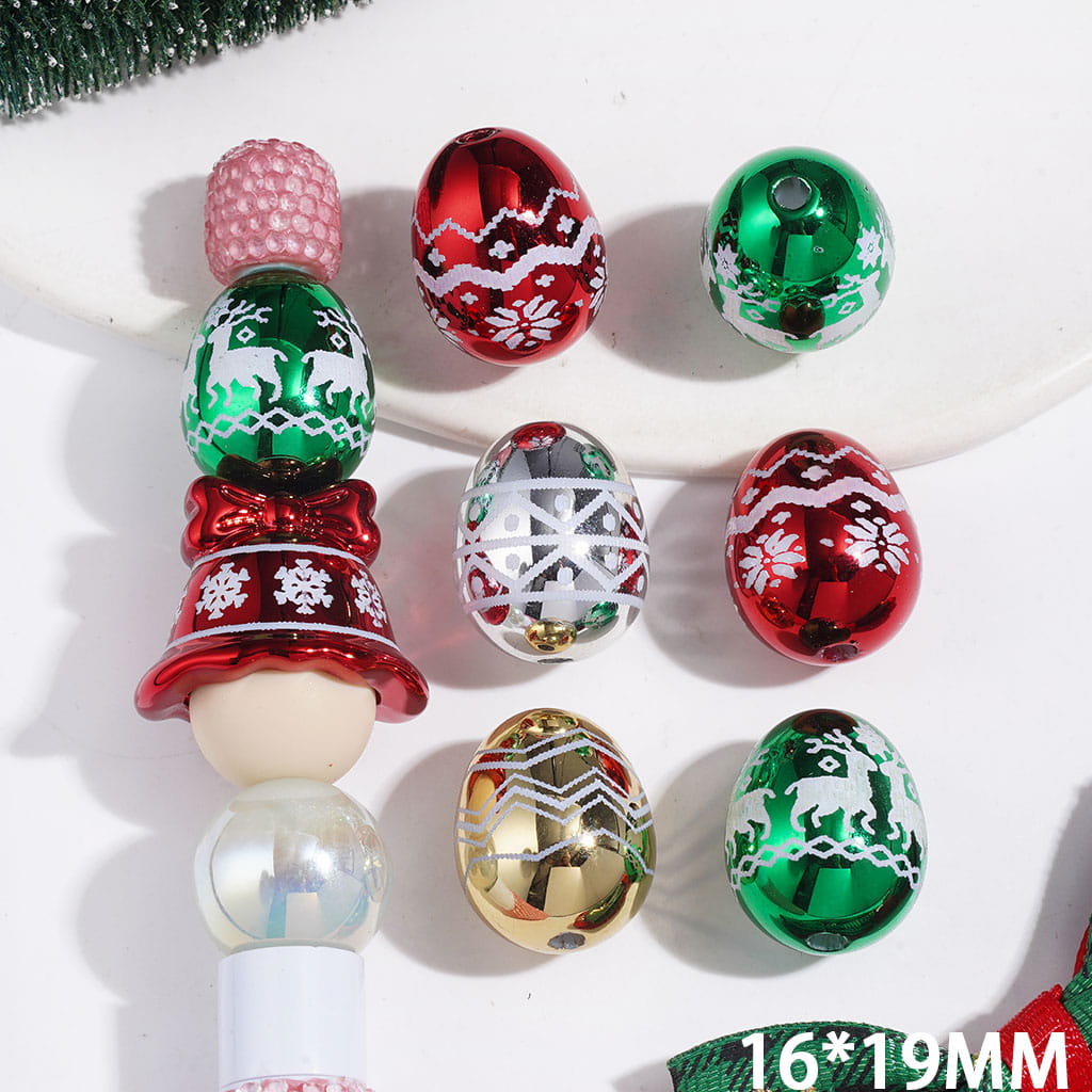 Christmas Theme Metallic Finish Egg-Shaped Acrylic Beads, 16*19MM, Multi-Color Random Mix