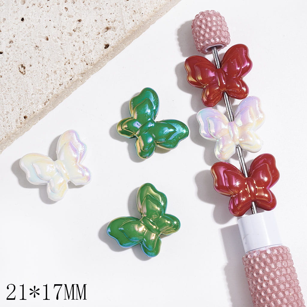 Double-Layer Butterfly Acrylic Beads with UV Coating, Christmas Red Green and White Colors, 21×17MM, Random Mix