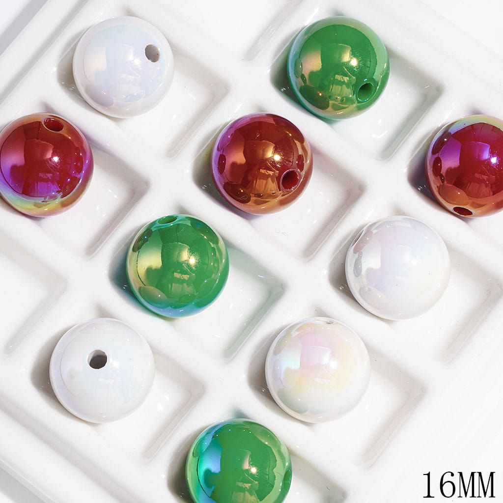 Christmas Theme Acrylic Beads with UV Finish for DIY Bracelets and Ornaments, Red Green and White 16MM, Random Mix