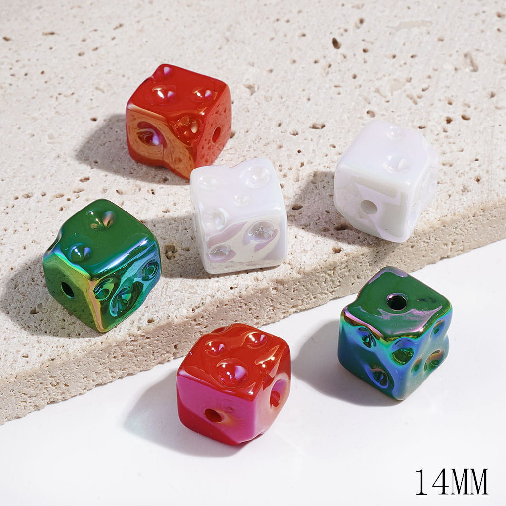 Christmas Cheese Design Cube Acrylic Beads with UV Finish, Red Green and White 14MM, Random Mix