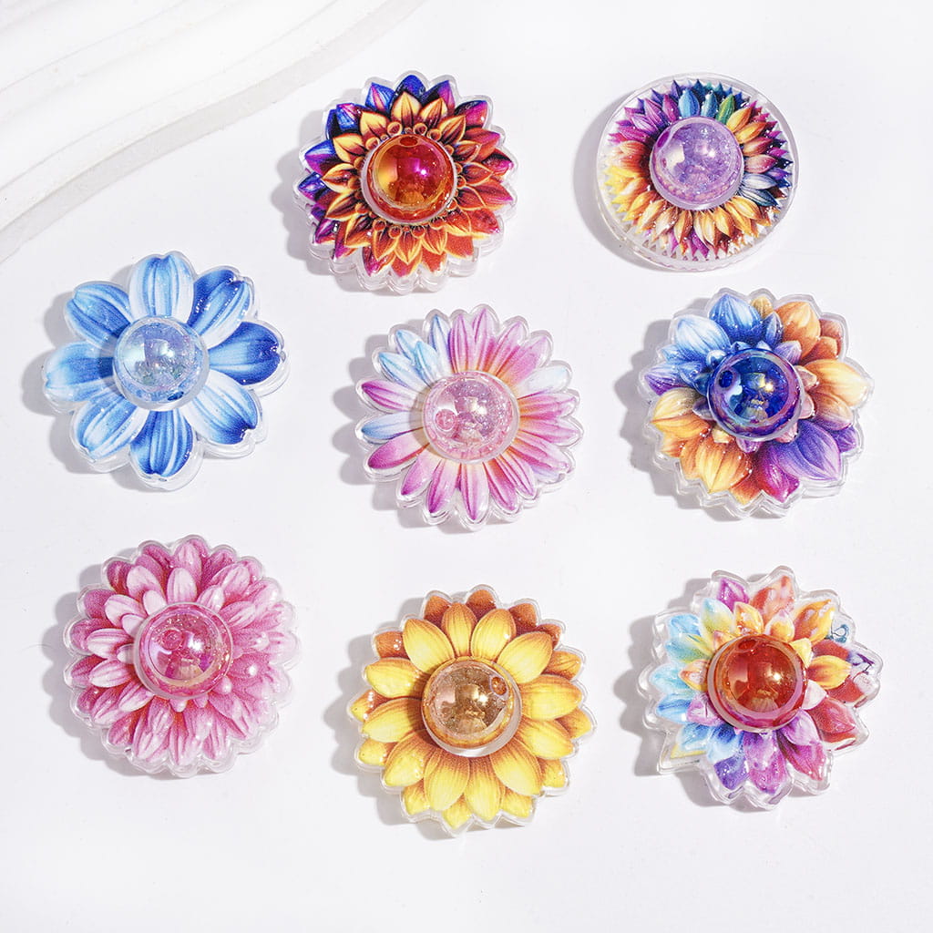 Hollowed Sun Flower and UV Finish Crackle Round Beads Acrylic Beads, Semi-Clear, Multi-Color, Random Mix