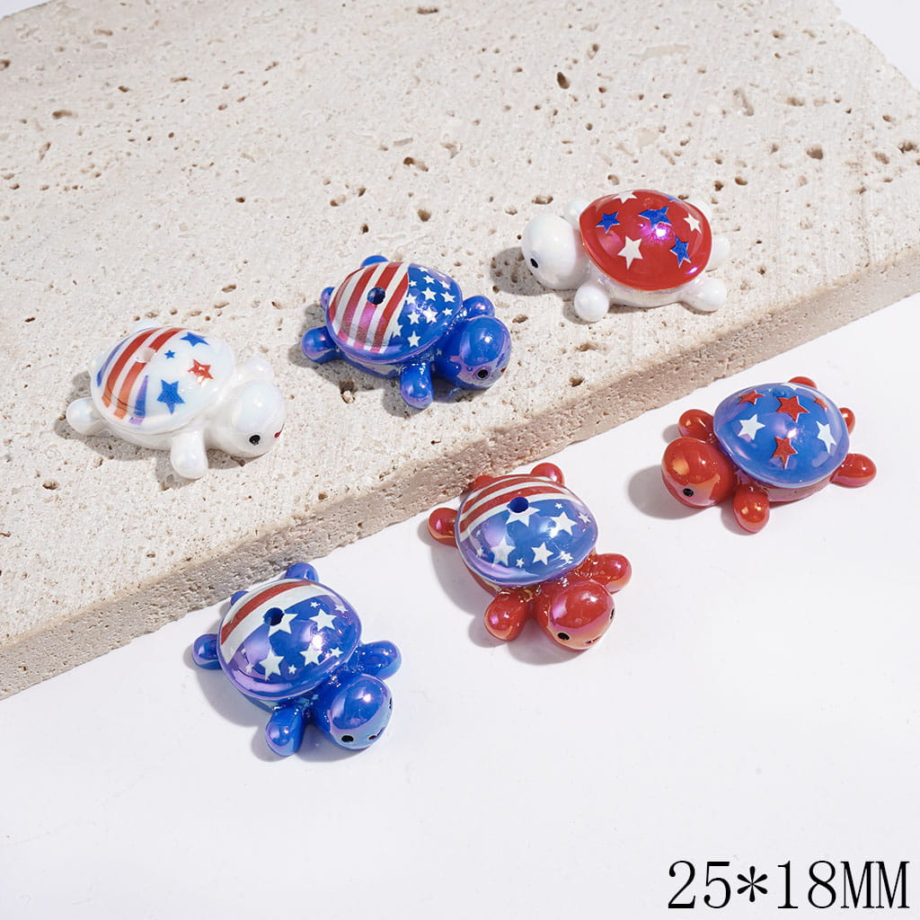American Flag in Tortoise Shape Acrylic Beads UV Finish, 25*18MM Random Mix