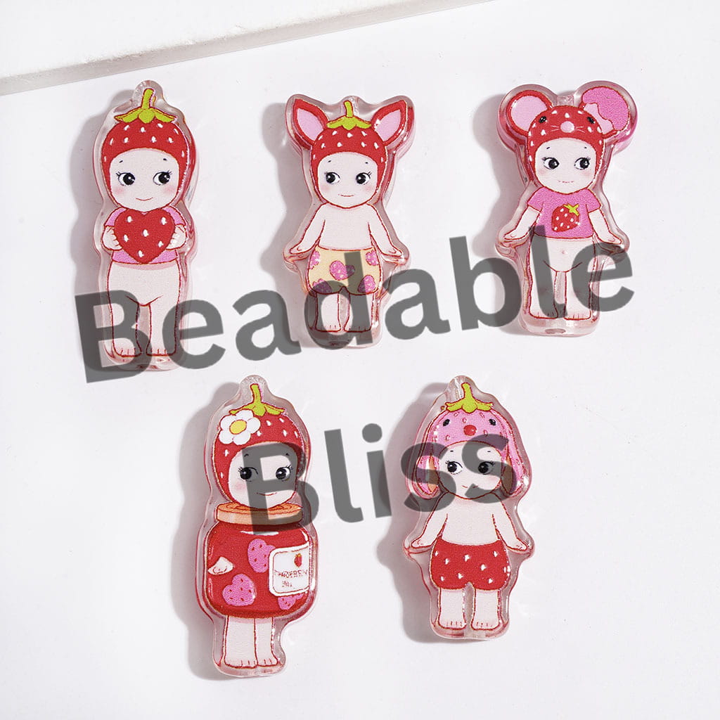 Semi-Clear Acrylic Beads Angel Doll Characters with Strawberry Outfit, Random Mix