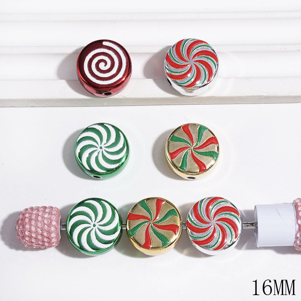 Candy Design with Swirl Texture Christmas Theme Acrylic Beads, Metallic Finish, 16MM Multi-Color Random Mix