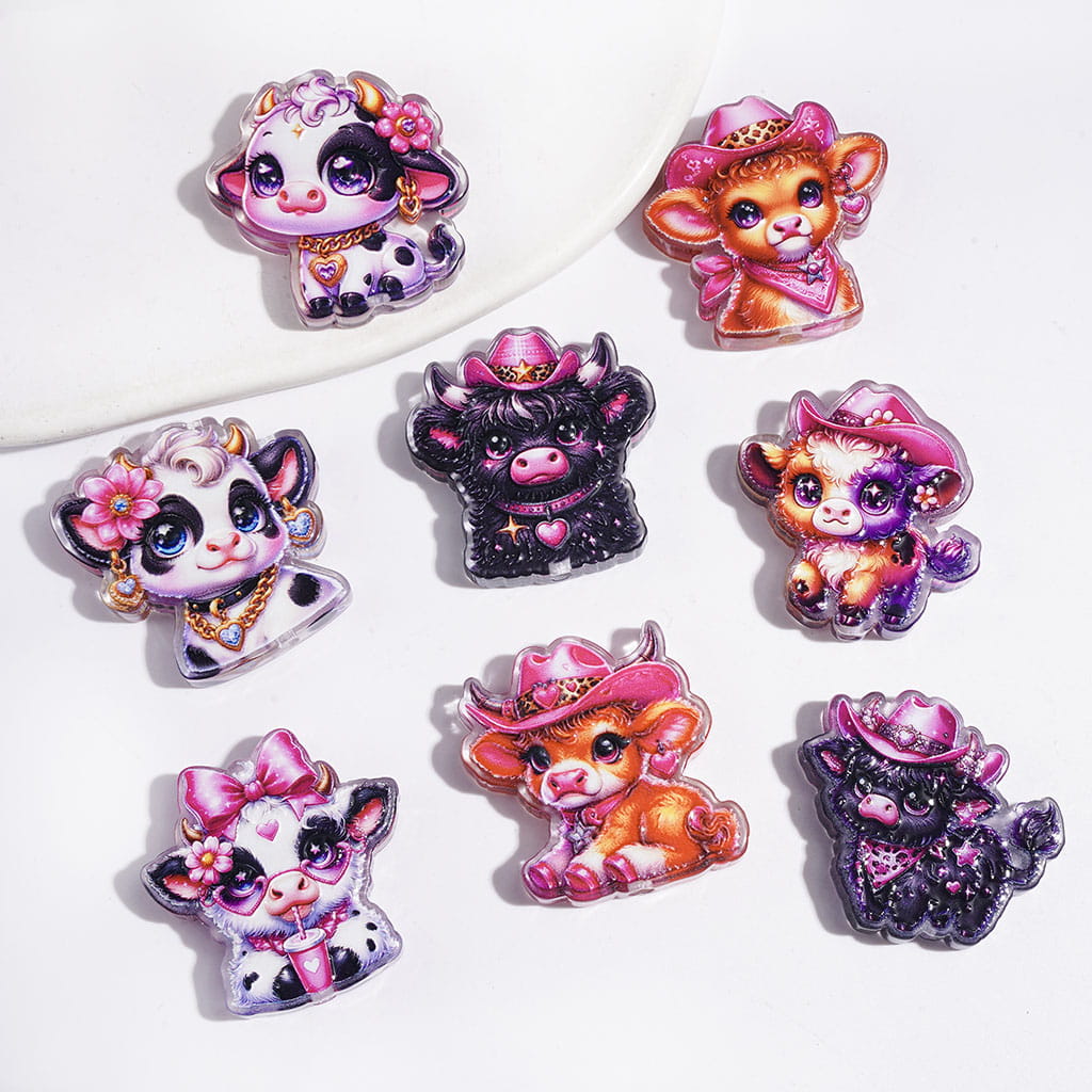 Acrylic Beads Highland Cattle in Western Cowboys Style, Pink Series, Random Mix