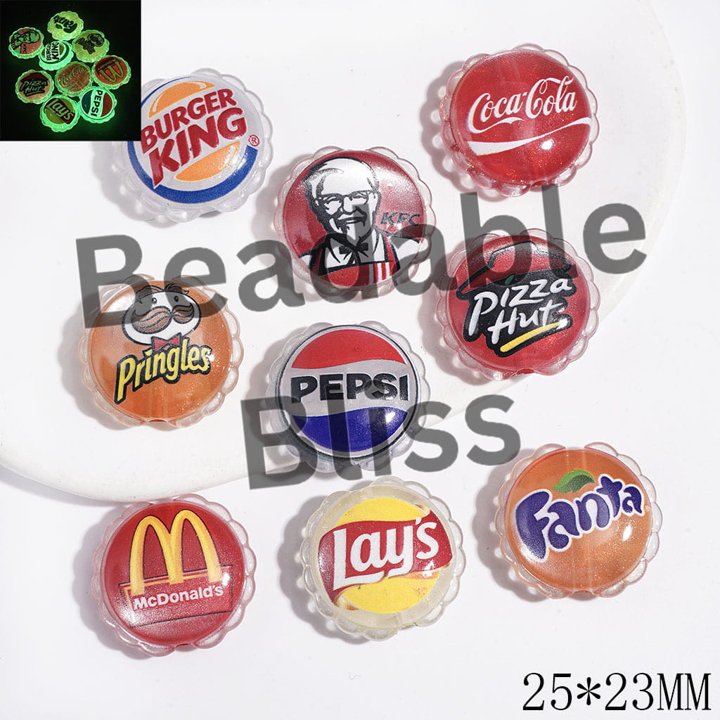 Cat Eye Style Luminous Acrylic Beads with Wavy Edge and Glitter, Fast Food & Soda Drink Series, 25*23MM, Random Mix