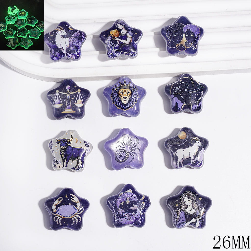 Acrylic Beads Cat Eye Style Luminous Star, Twelve Constellations Theme, 26MM, Blue Purple Series, Random Mix