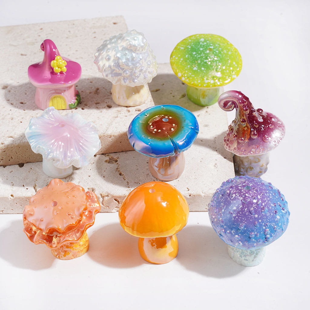 UV Coating Diverse Design Mushroom Acrylic Beads, Random Mix
