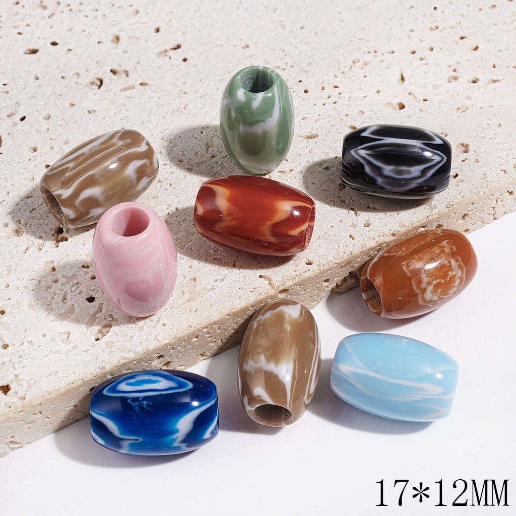 Adorable White Texture Patterns Barrel-Shaped Acrylic Beads, Large Hole Beads, 17*12MM, Multi-Color, Random Mix (The Hole Diameter is 5.5MM)