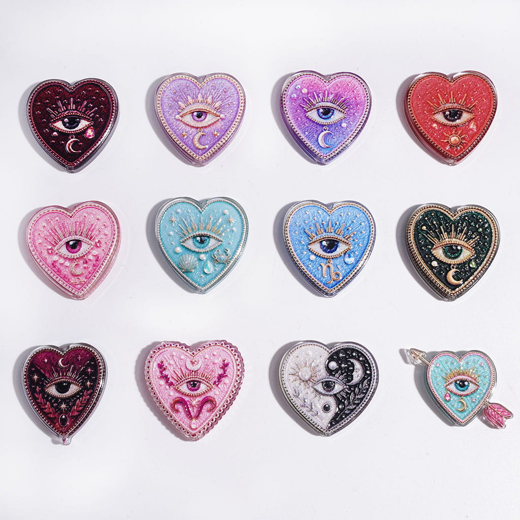 Mystical Evil Eye Patterns on Flat Heart-Shaped Semi-Clear Acrylic Beads, Random Mix