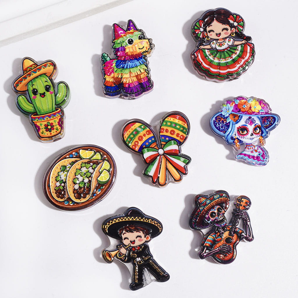 Mexican Day of the Dead Skull Art and Festive Folk Designs Semi-Clear Acrylic Beads, Random Mix
