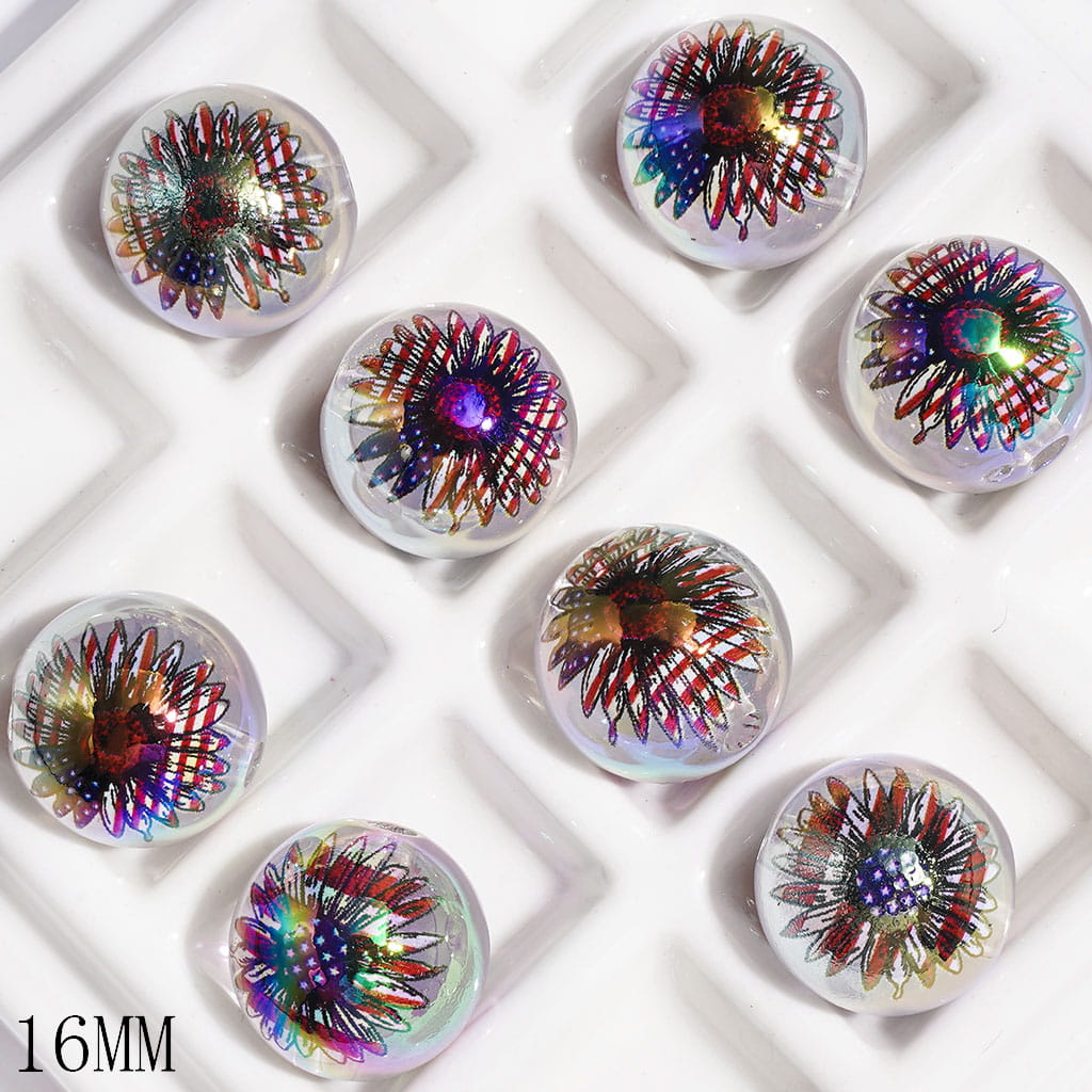 UV Finish Patriotic USA Flag Pattern Sunflower Design Printed Round Acrylic Beads for Bracelets, 16MM
