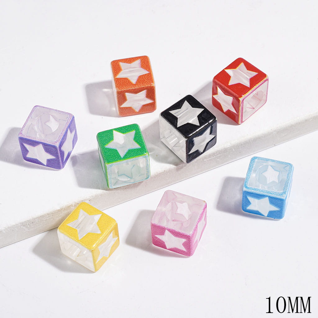 Adorable Star Patterns Clear Cube-Shaped Acrylic Beads, Big Hole Beads,10MM, Random Mix (The Hole Diameter is 6MM)