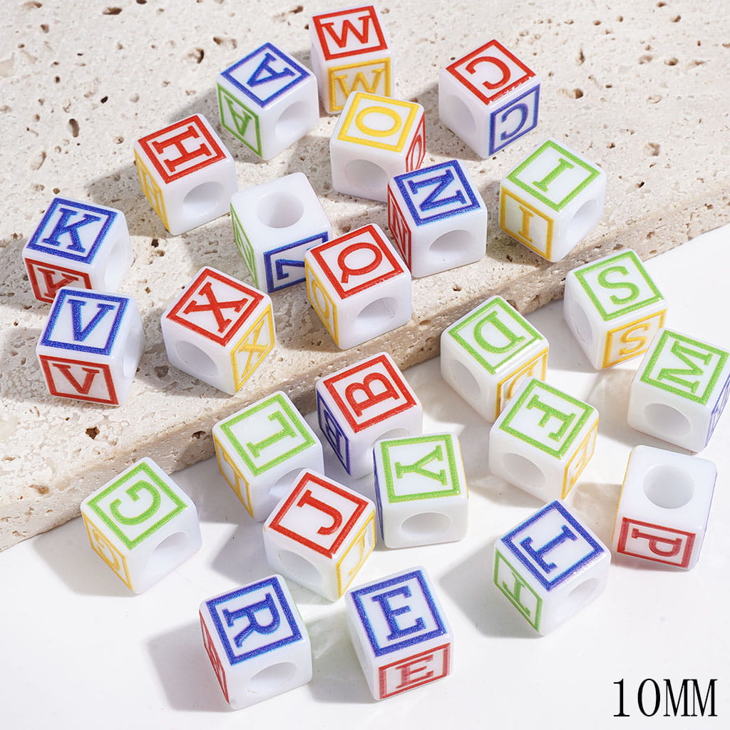 Colorful ALL Alphabet Letter Cube Acrylic Beads, 10MM, Big Hole Beads, Random Mix (The Hole Diameter is 6MM)