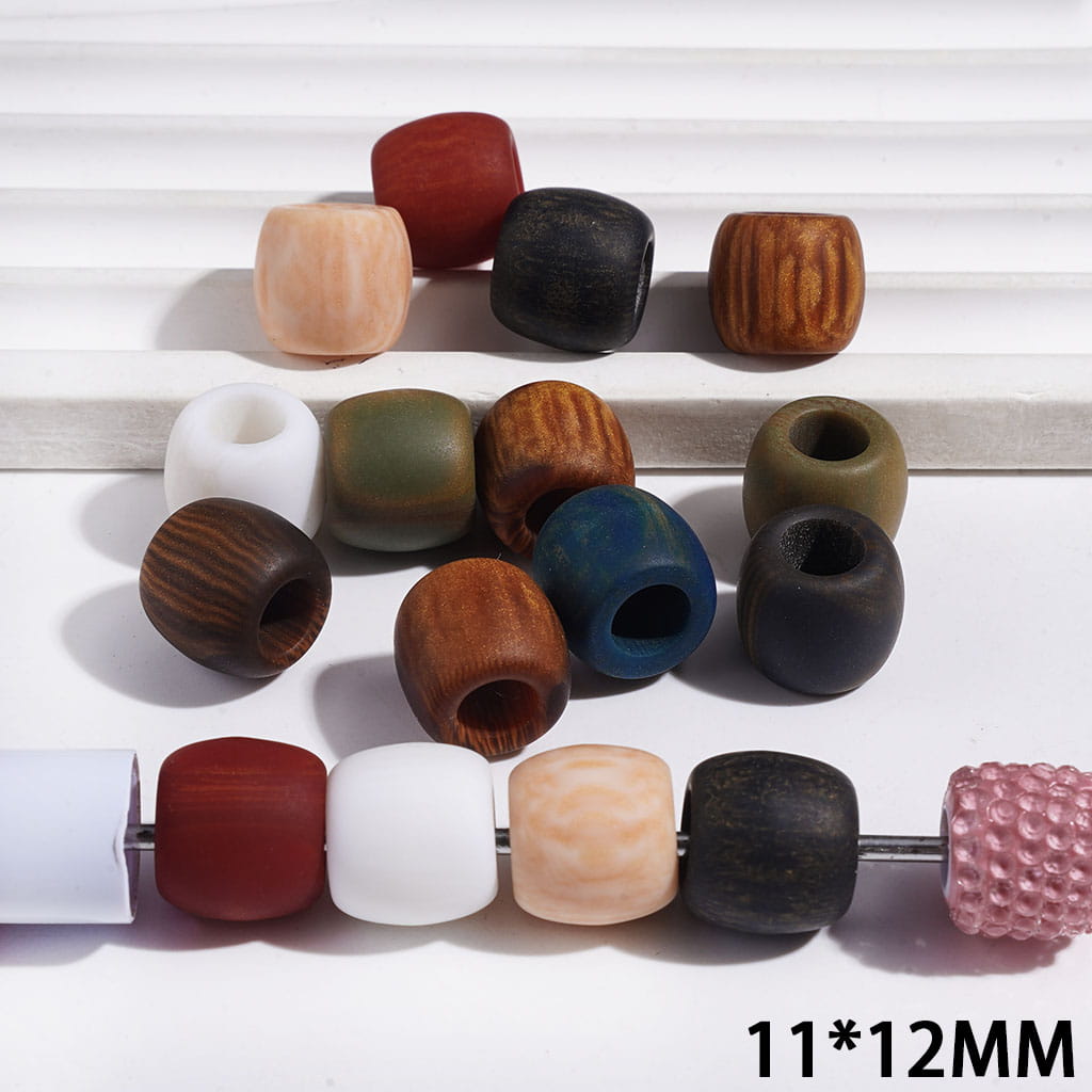 Wood-Grain Textured Barrel-Shaped Acrylic Beads, Large Hole Beads, 11*12MM, Multi-Color, Random Mix (The Hole Diameter is 6MM)