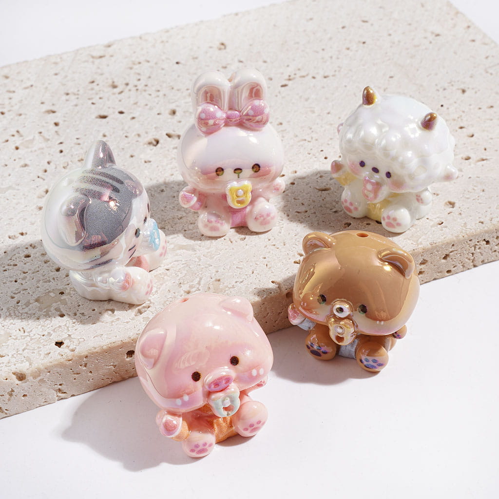 UV-Coated Bear, Bunny, Sheep, Pig, and Cat Characters with Baby Pacifier Designs Acrylic Beads, Random Mix