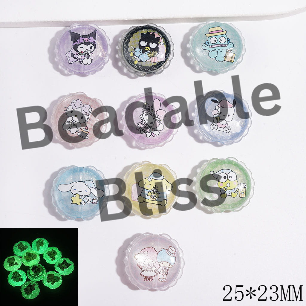 Acrylic Beads Cat Eye Style and Luminous Adorable Animal Character and Gold Glitter, 25*23MM, Wavy Edge, Random Mix