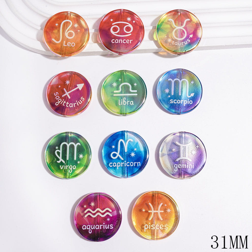 UV-Finish Twelve Zodiac Constellation Designs Clear Flat Round Shape Acrylic Beads, 31MM, Random Mix