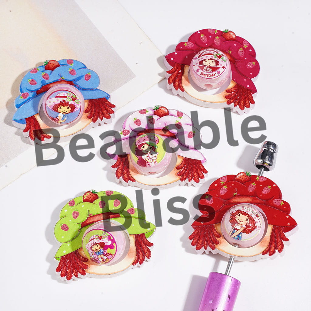 Strawberry Girl Characters Series Acrylic Beads Hollowed Avatar and Round Beads, Multi-Color Random Mix (Please Read the Description)