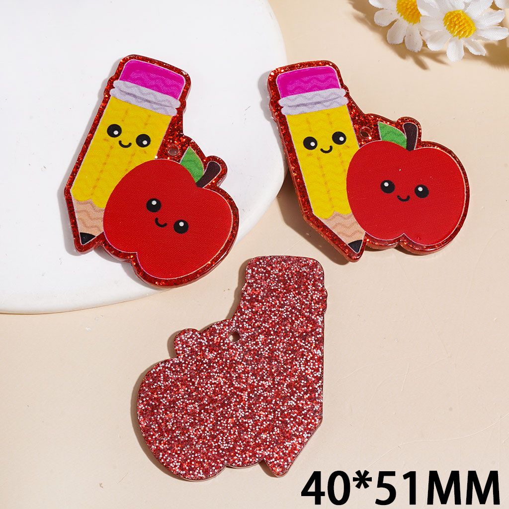 Adorable Smiley Red Apple and Yellow Pencil with Glitter Acrylic Pendants, 40*51MM