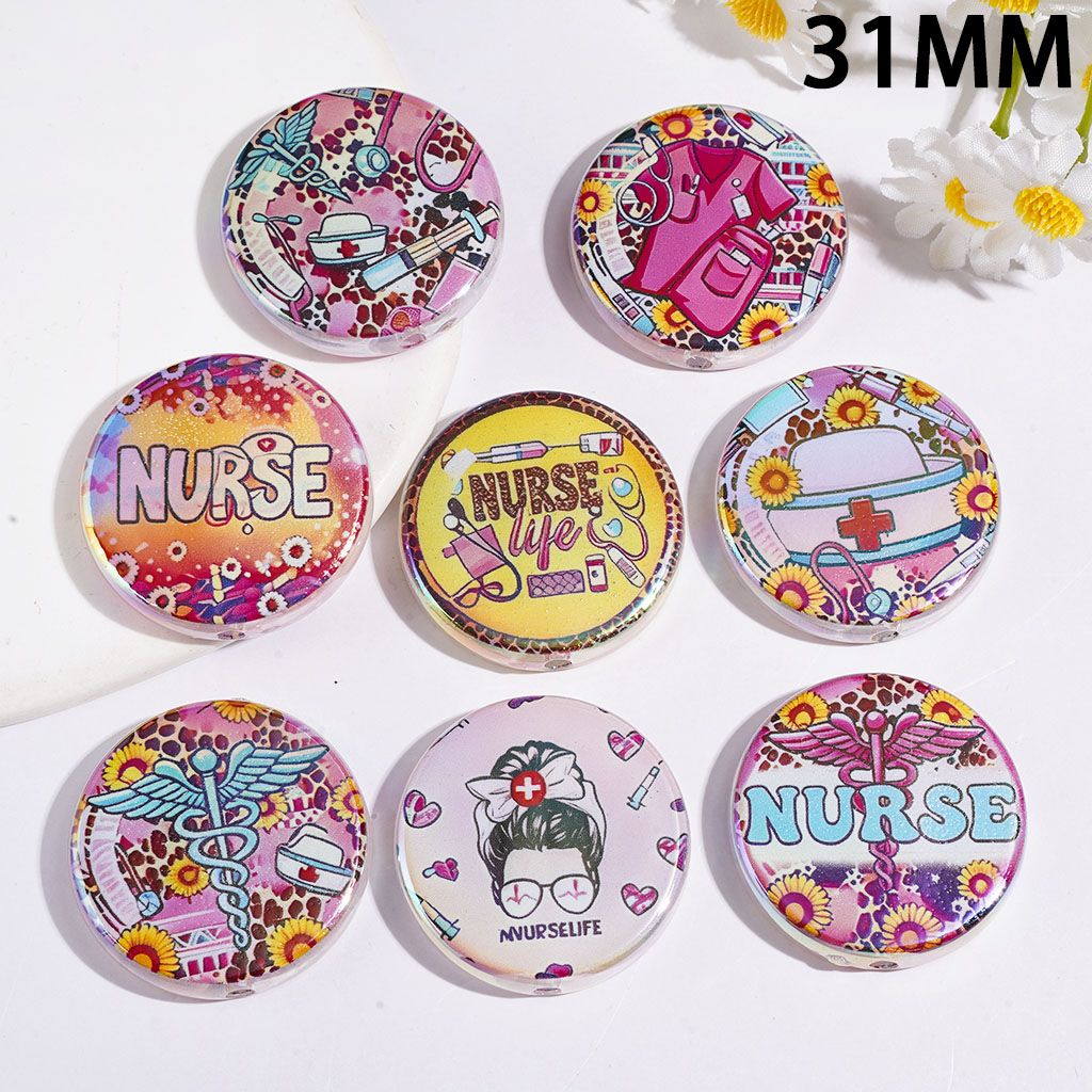 UV-Coated Cute Nurse Healthcare Theme Flat Round Shape Acrylic Beads, 31MM, Random Mix